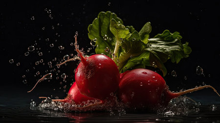 Fresh Radish with green leaf hit by splashes of water with black blur backgroundの素材