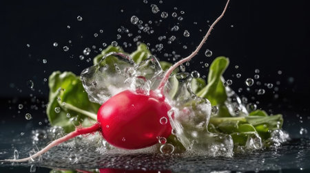 Fresh Radish with green leaf hit by splashes of water with black blur backgroundの素材