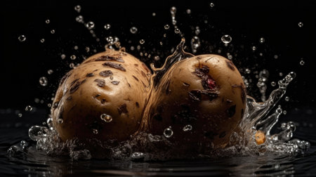 Fresh Potato hit by splashes of water with black blur backgroundの素材