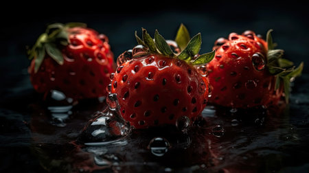 Closeup of Strawberries fruit hit by splashes of water with black blur backgroundの素材