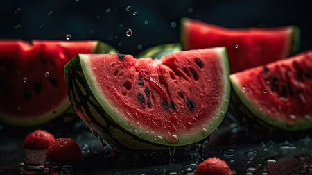 Closeup Watermelon hit by splashes of water with black blur backgroundの素材