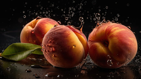 Fresh Peach hit by splashes of water with black blur backgroundの素材