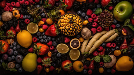 Top View variety of fresh fruit with bright colorsの素材