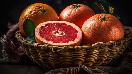 Grapefruits in a bamboo basket on wooden table with blur backgroundの素材