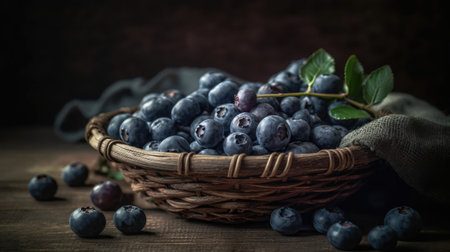 Blueberry in a bamboo basket with blur backgroundの素材