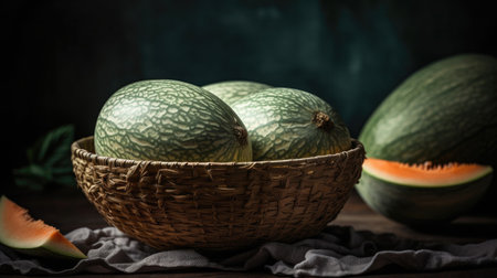 Close up Fresh Watermelon in a bamboo basket with blurred backgroundの素材