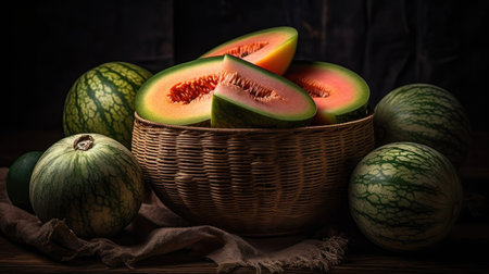 Close up Fresh Watermelon in a bamboo basket with blurred backgroundの素材