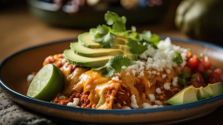 New Mexican Flat Enchiladas with vegetable chunks and blurred backgroundの素材