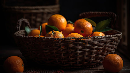 Fresh Orange Fruits in a bamboo basket with blur backgroundの素材