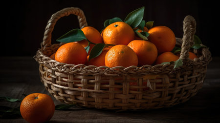 Orange Fruits in a bamboo basket with blur backgroundの素材