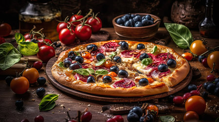 Pizza full of sliced greens on a wooden plate on a blurred backgroundの素材