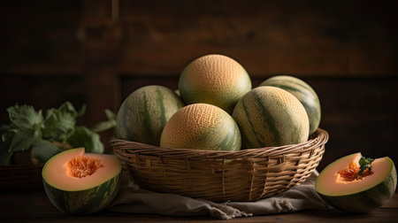 Close up Fresh Watermelon in a bamboo basket with blurred backgroundの素材