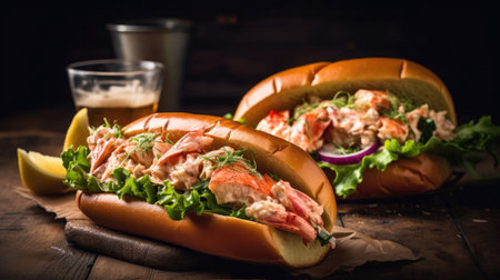 Lobster Rolls full of chunks of lobster meat and vegetablesの素材