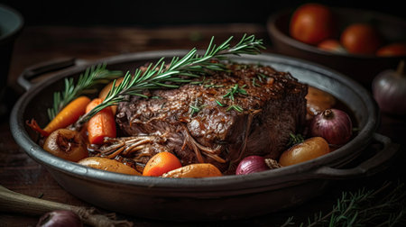 Pot Roast full of vegetables on a bowl with blurred backgroundの素材
