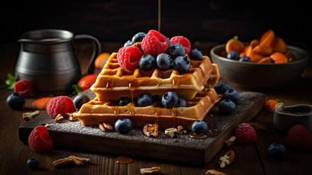 Waffles Topped with blueberries and red berries on a blurred backgroundの素材