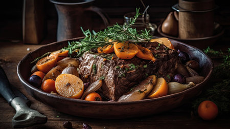 Pot Roast full of vegetables on a bowl with blurred backgroundの素材