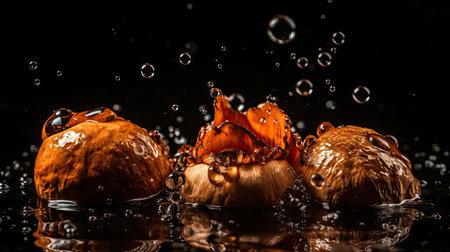 Mushroom hit by splashes of water with black blur backgroundの素材