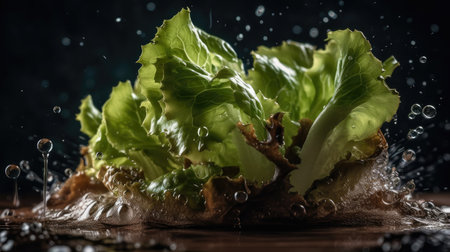 Lettuce hit by splashes of water with black blur backgroundの素材