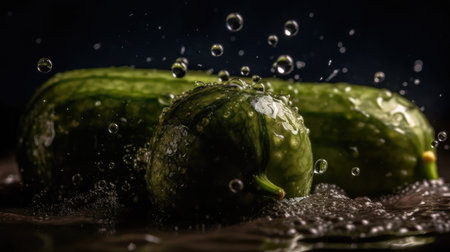 Cucumber hit by splashes of water with black blur backgroundの素材