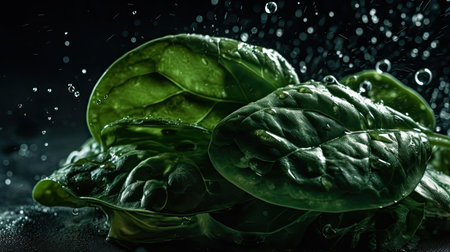 Green Spinach hit by splashes of water with black blur backgroundの素材