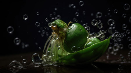 Green Pea hit by splashes of water with black blur backgroundの素材