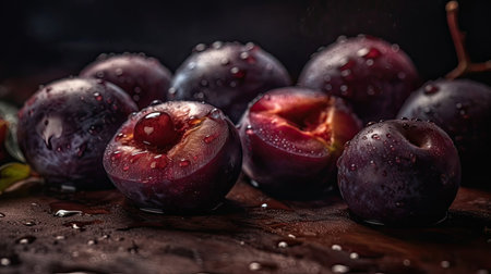 Plum hit by splashes of water with black blur backgroundの素材