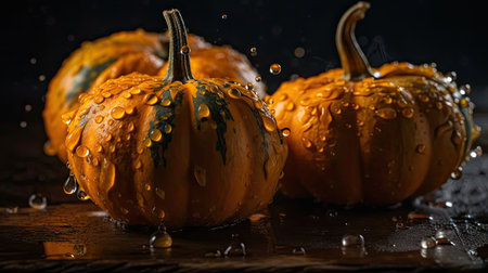 Pumpkin hit by splashes of water with black blur backgroundの素材
