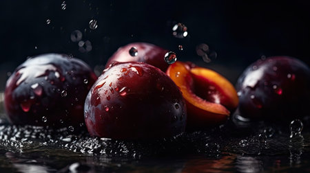 Plum hit by splashes of water with black blur backgroundの素材