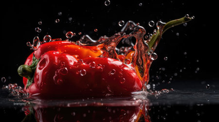 Red chili hit by splashes of water with black blur backgroundの素材