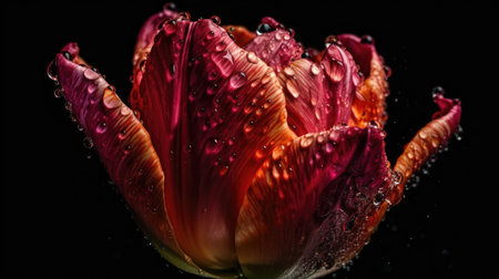 Tulips Flowers hit by splashes of water with black blur backgroundの素材