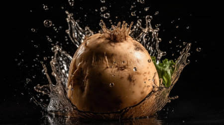 Turnip hit by splashes of water with black blur backgroundの素材