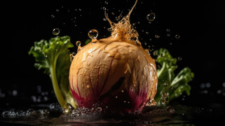 Turnip hit by splashes of water with black blur backgroundの素材