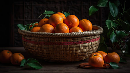 Fresh Lemon in a bamboo basket with blurred backgroundの素材