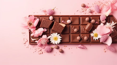 Valentine day background with a collection of chocolate and pink flower sprinklesの素材