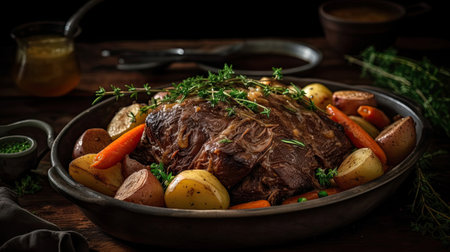 Closeup of pot roast full of vegetables on a bowl with blurred backgroundの素材