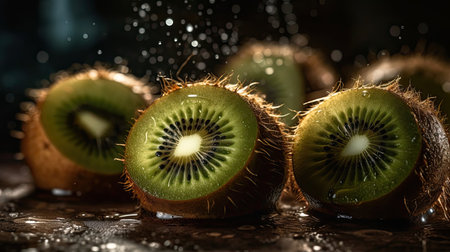 Closeup Kiwi hit by splashes of water with black blur backgroundの素材