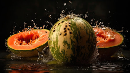 Closeup Watermelon hit by splashes of water with black blur backgroundの素材