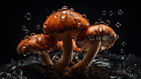 Closeup Mushroom hit by splashes of water with black blur backgroundの素材