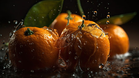 Fresh Mandarin hit by splashes of water with black blur backgroundの素材