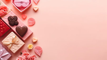 Valentine Day design of a collection of Gift box and pink flowers on pink pastel backgroundの素材
