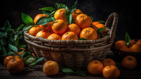 Fresh Mandarin in a bamboo basket with blurred backgroundの素材