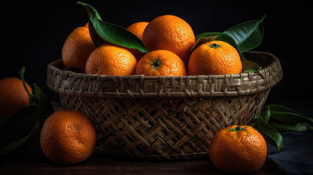 Fresh Mandarin in a bamboo basket with blurred backgroundの素材
