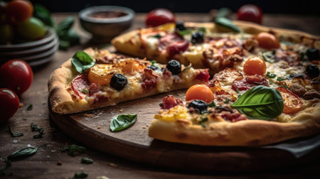 Pizza full of sliced greens on a wooden plate on a blurred backgroundの素材