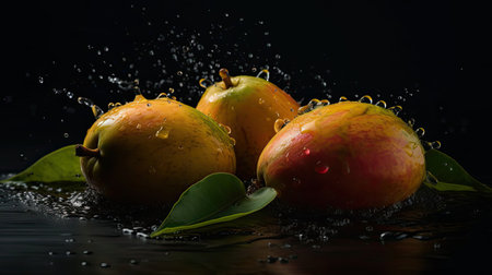 Mango hit by splashes of water with black blur backgroundの素材