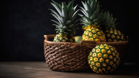 Pineapple Fruits in a bamboo basket with blur backgroundの素材