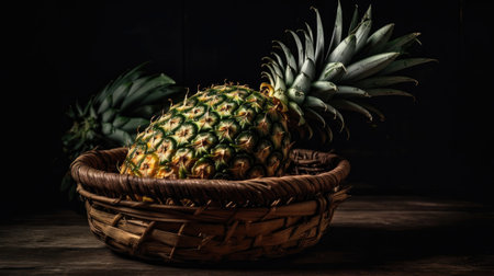Pineapple Fruits in a bamboo basket with blur backgroundの素材