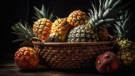 Pineapple Fruits in a bamboo basket with blur backgroundの素材