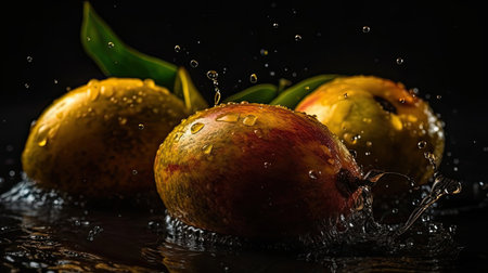 Mango hit by splashes of water with black blur backgroundの素材