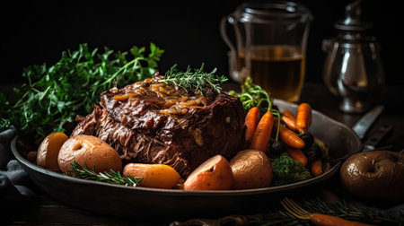 Closeup of pot roast full of vegetables on a bowl with blurred backgroundの素材