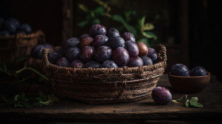 Plum Fruits in a bamboo basket with blur backgroundの素材